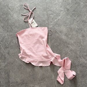 Zara Pale Pink Halter Tie Crop Top with Ruffle Edge